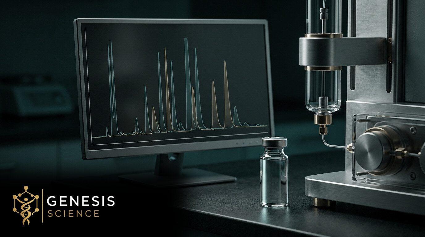 Illustrative laboratory scene for What Does 99% Peptide Purity Actually Mean? with the Genesis Science logo