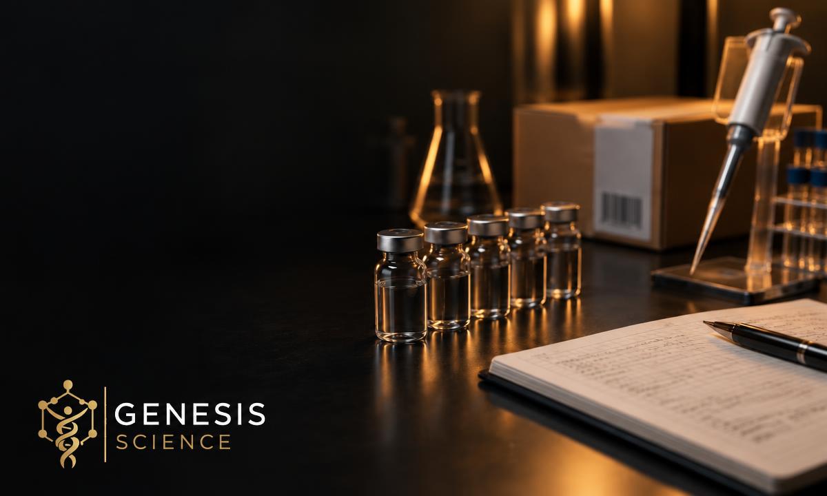 Sealed research vials, a laboratory notebook and a plain tracked parcel on a dark bench, with the Genesis Science logo.