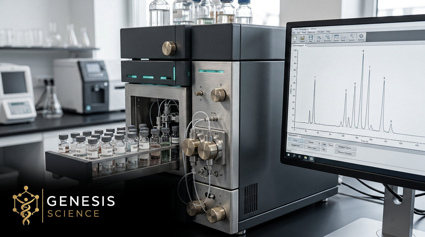 Illustrative HPLC laboratory equipment and chromatogram with Genesis Science branding