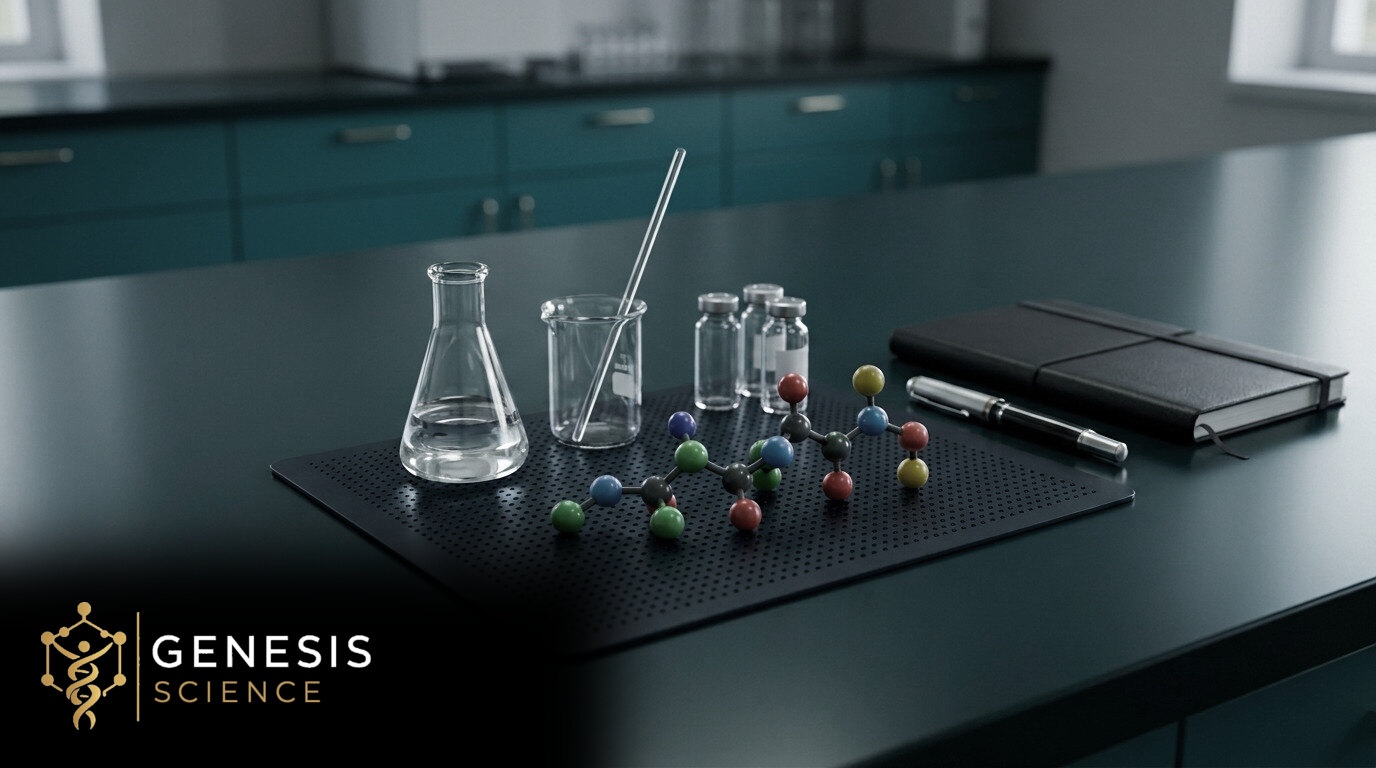Illustrative laboratory scene for What Are Peptides? A Beginner’s Guide to Peptide Science with the Genesis Science logo